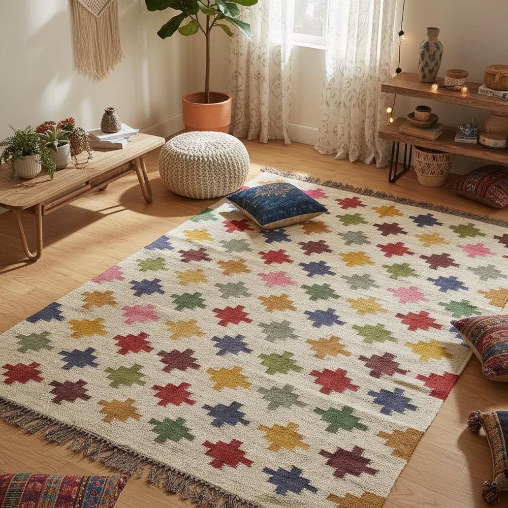 Handmade Multicolor Jute Vintage Dhurrie For Home